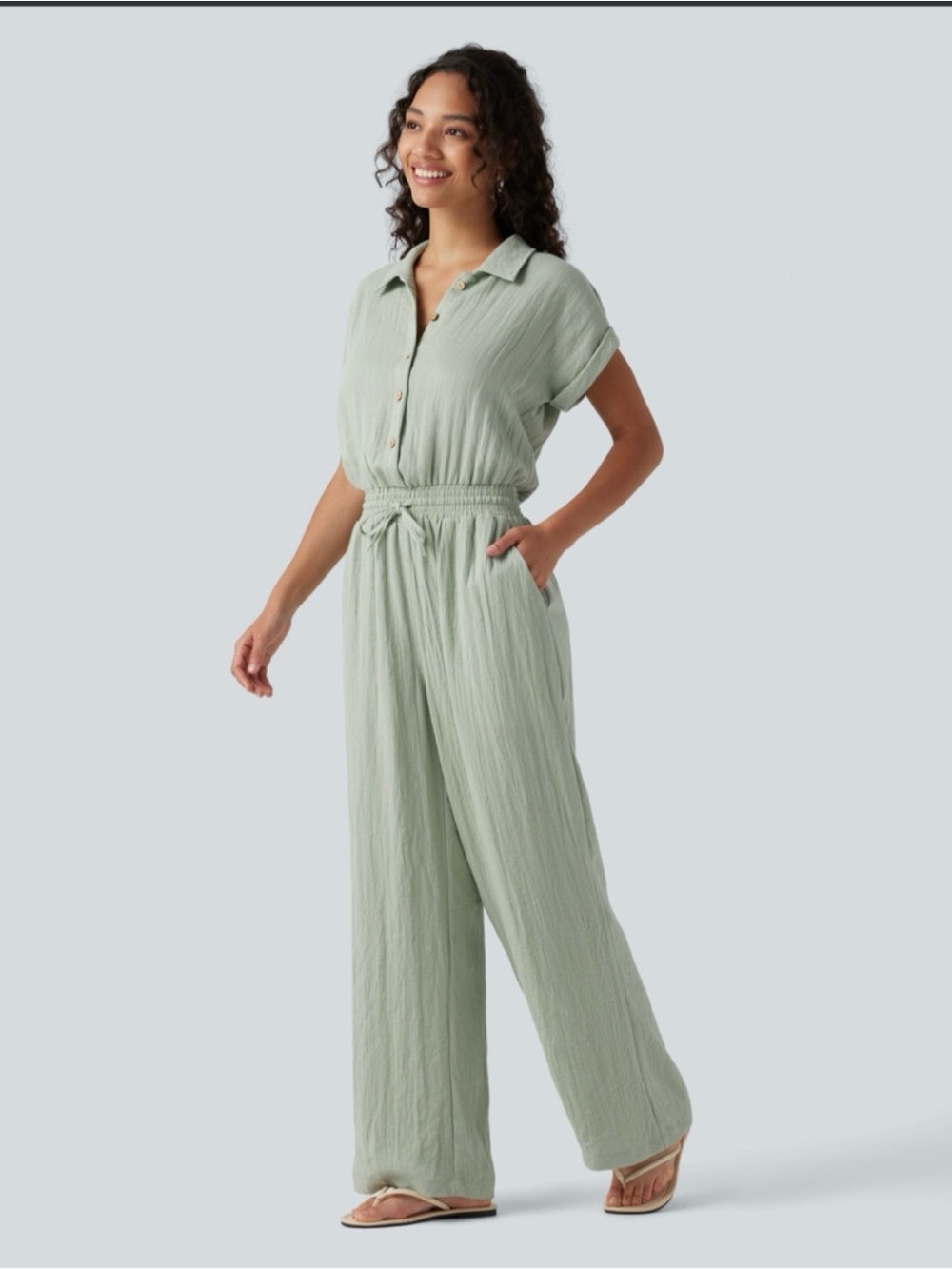 HALARA Short Sleeve Drawstring Baggy Casual Linen-Feel Jumpsuit with Pockets